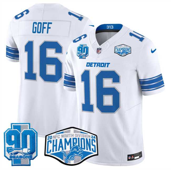 Men%27s Detroit Lions #16 Jared Goff White 2024 NFC North Champions 90th Anniversary Patch F.U.S.E. Vapor Limited Stitched Jersey->detroit lions->NFL Jersey